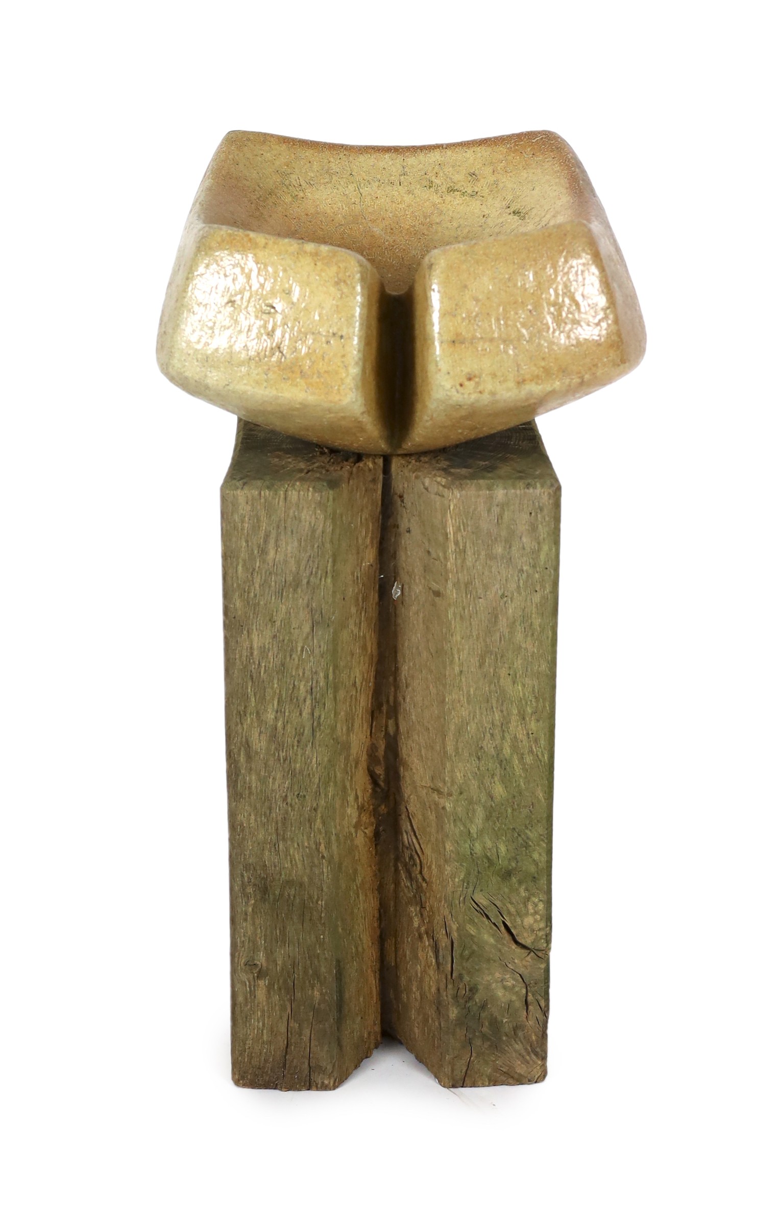 Sarah Walton (b.1945), a large salt glaze stoneware bird bath on a wood pedestal, total dimensions 42cm wide 82cm high